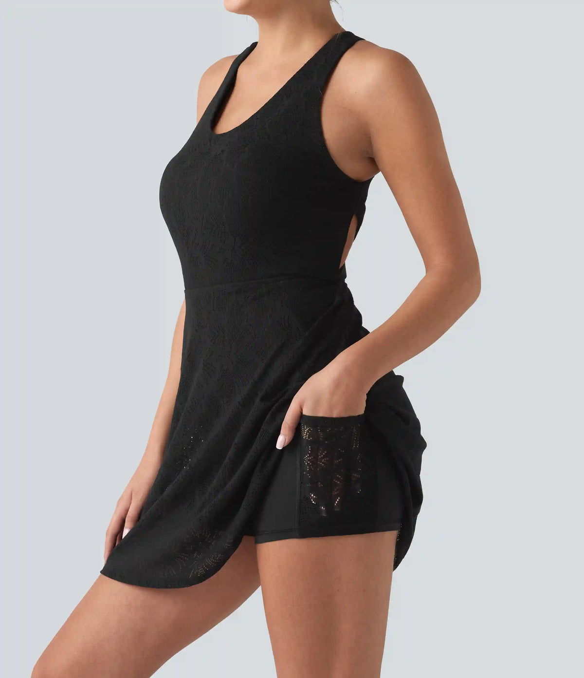 SoftlyZero™ QuickDry Built-in Bra Contrast Lace 2-in-1 Flare Mini Yoga Active Dress with Pockets-Easy Peezy Edition