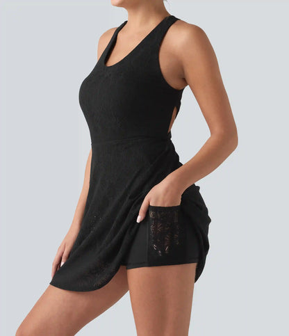 SoftlyZero™ QuickDry Built-in Bra Contrast Lace 2-in-1 Flare Mini Yoga Active Dress with Pockets-Easy Peezy Edition