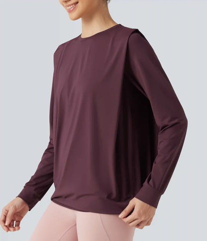 Round Neck Long Sleeve Ruched InstantCool Yoga Sports Top-Longer Length-UPF50+