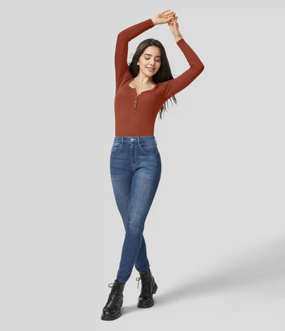 Ribbed Henley Neck Long Sleeve Slim Casual T-Shirt