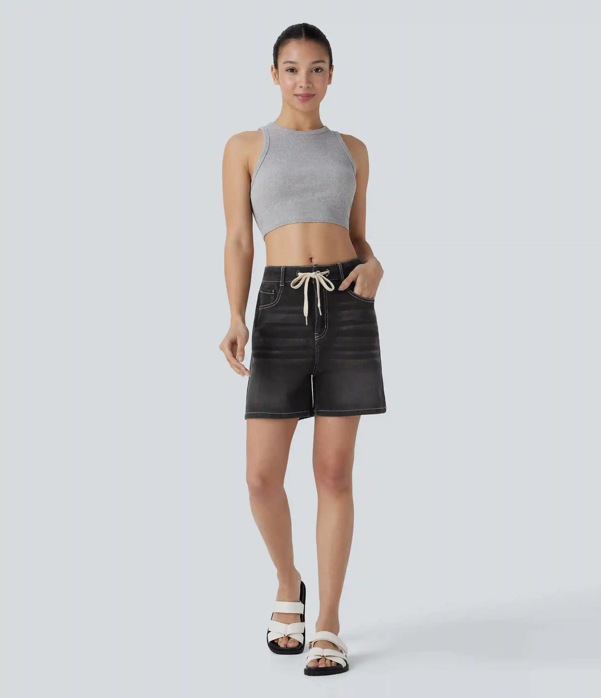 Halara Flex™ Mid Rise Drawstring Pockets Washed Denim Casual Shorts