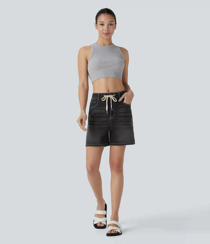 Halara Flex™ Mid Rise Drawstring Pockets Washed Denim Casual Shorts