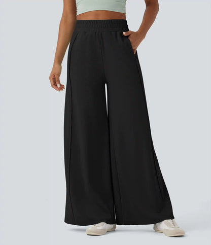 High Waisted Wide Leg Micro Waffle Casual Pants with Pockets