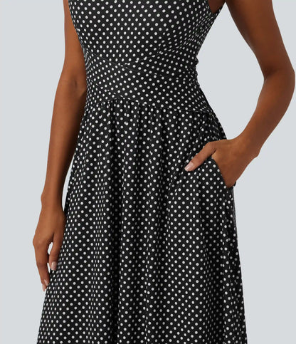 Sleeveless Backless Crossover Built-in Bra Polka Dot Midi Casual Flowy Dress with Pockets DD-F Cups