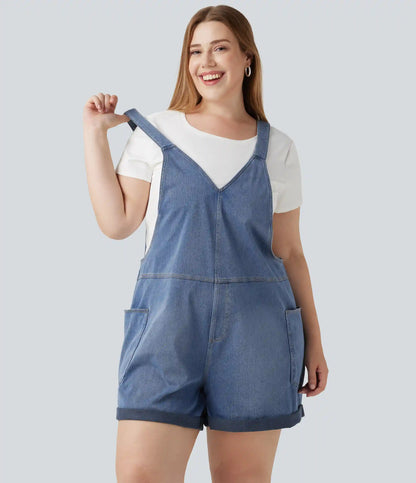 Plus Size Halara Flex™ V Neck Rolled Hem Washed Denim Casual Short Overalls with Pockets