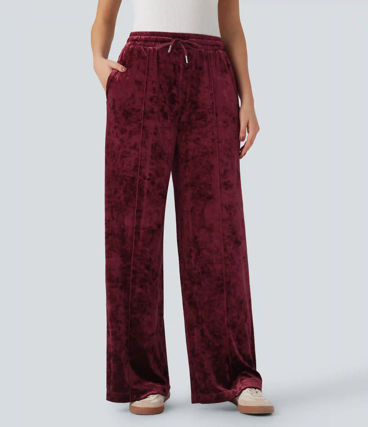 Mid Rise Drawstring Velvet Wide Leg Casual Pants with Pockets