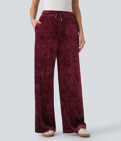 Mid Rise Drawstring Velvet Wide Leg Casual Pants with Pockets