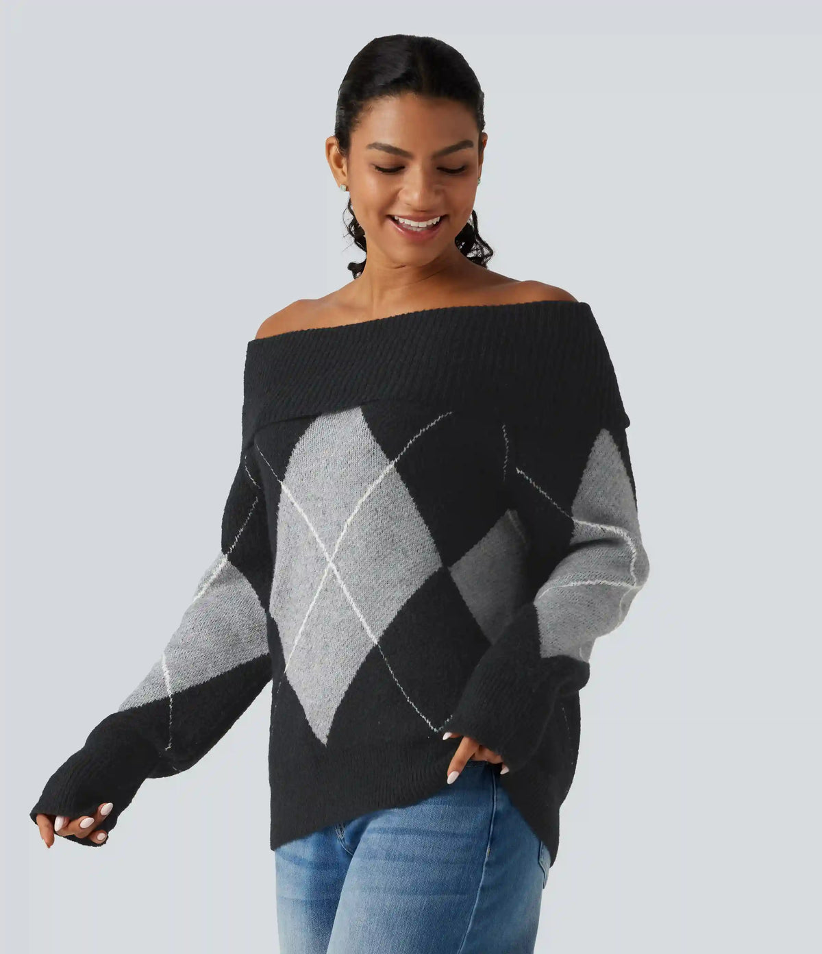 Off Shoulder Long Sleeve Gingham Casual Sweater
