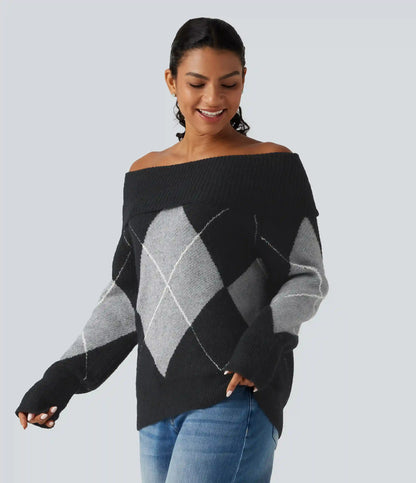 Off Shoulder Long Sleeve Gingham Casual Sweater