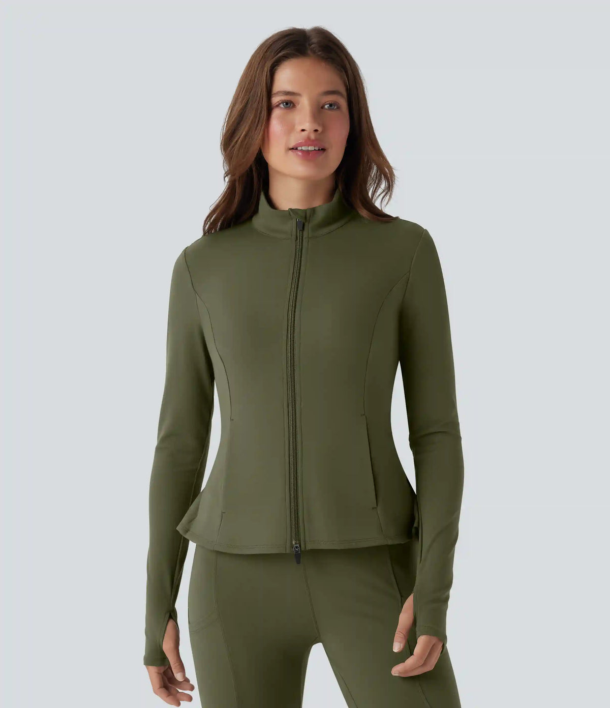 DayStretch Stand Collar Zipper Thumb Hole Ruffle Hem Slim Jacket with Pockets