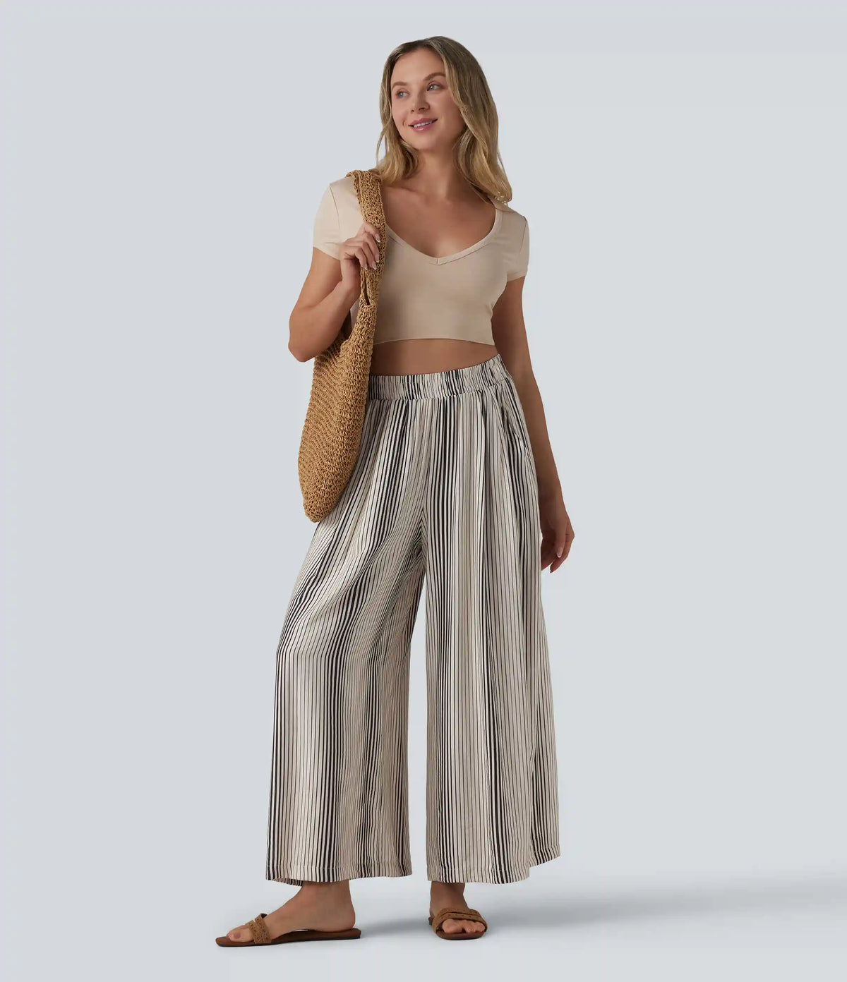 High Waisted Stripes 7/8 Resort Baggy Pants with Pockets