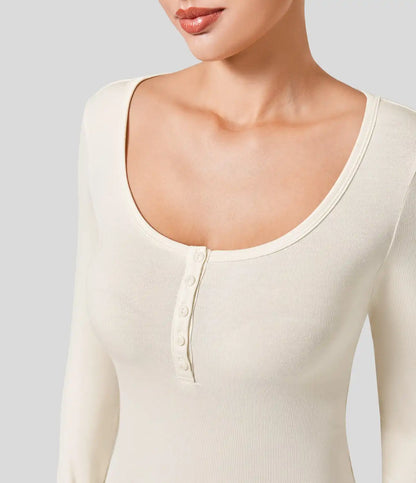 Ribbed Henley Neck Long Sleeve Slim Casual T-Shirt