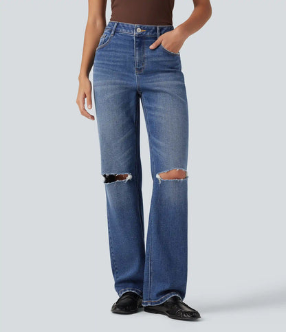 High Waisted Ripped Straight Leg Casual Jeans with Pockets
