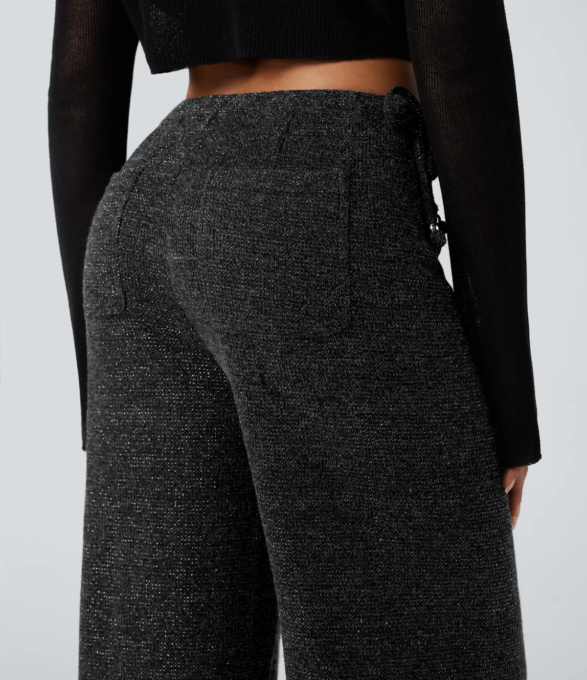 Ribbed Knit Sparkle Mid Rise Drawstring Wide Leg Casual Pants with Pockets