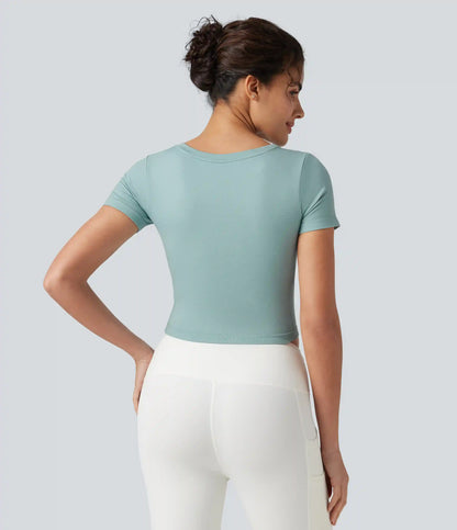 OneForm Seamless Flow V Neck Short Sleeve Built-in Bra Cropped Yoga Sports Top