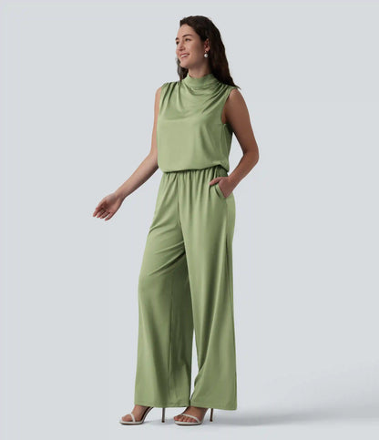 Stand Collar Sleeveless Straight Leg Bridesmaid And Wedding Guest Jumpsuit with Pockets-Easy Peezy