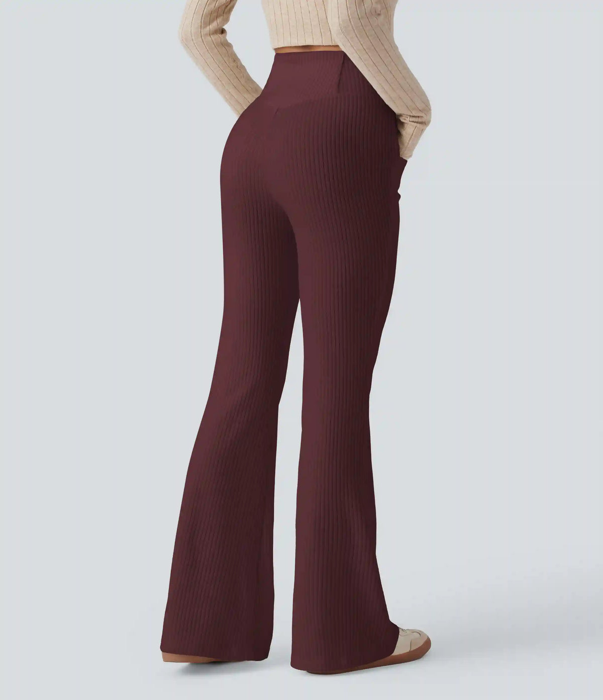 Ribbed Knit Crossover High Waisted Pocket Casual Flare Pants