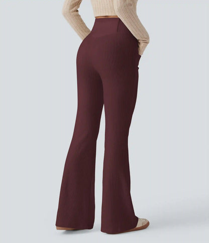 Ribbed Knit Crossover High Waisted Pocket Casual Flare Pants