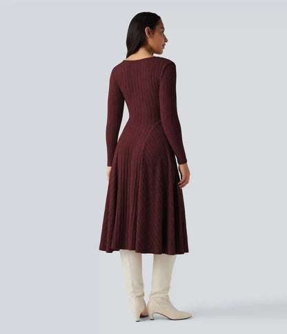 Ribbed Knit V Neck Long Sleeve Flare Midi Casual Dress