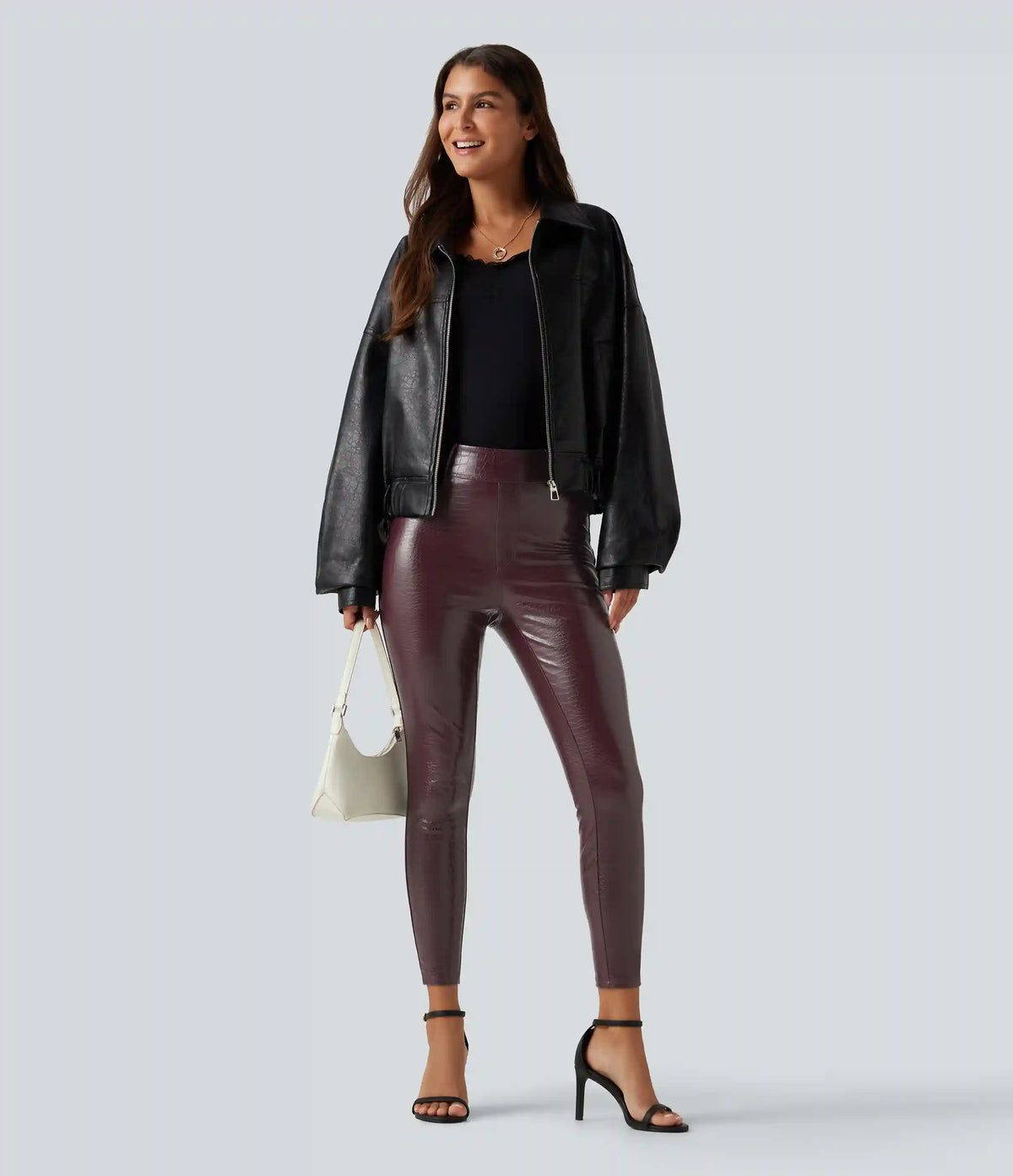 High Waisted Snakeskin Print Stretchy PU Fleece Casual Leggings with Pockets