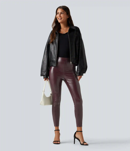 High Waisted Snakeskin Print Stretchy PU Fleece Casual Leggings with Pockets