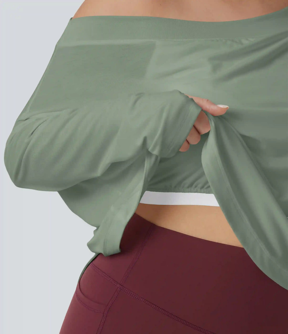 One Shoulder Long Sleeve Thumb Hole Curved Hem High Low Quick Dry Yoga Plus Size Sports Top-Built-in Bra
