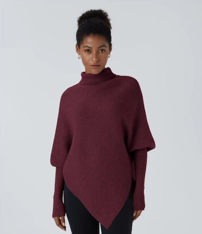 High Neck Long Sleeve Asymmetric Hem Work Sweater