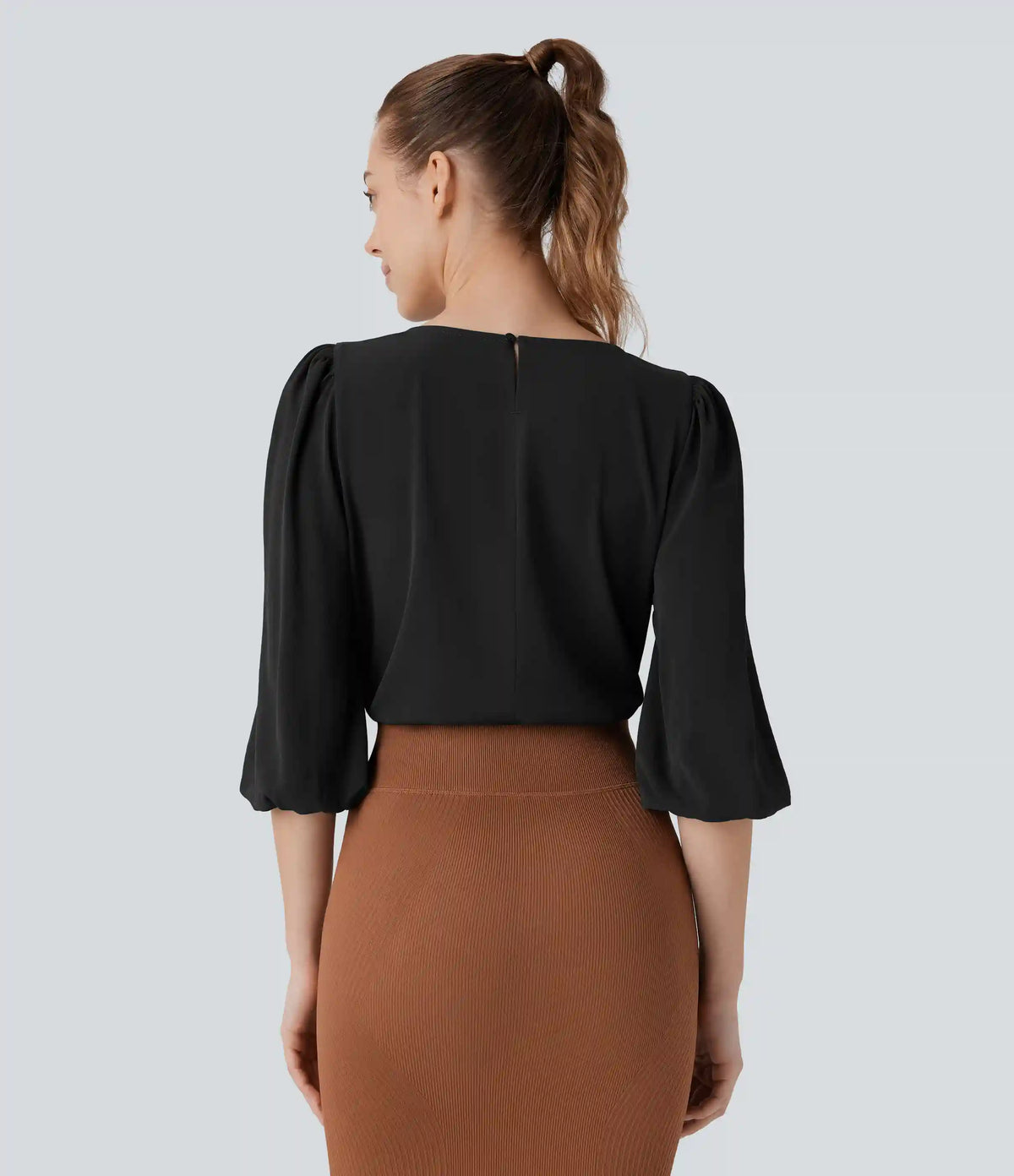 Boat Neck Keyhole Back Bishop Sleeve Work Linen-Feel Blouse