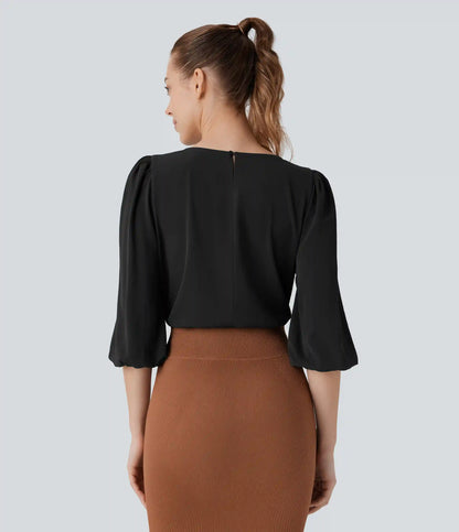 Boat Neck Keyhole Back Bishop Sleeve Work Linen-Feel Blouse