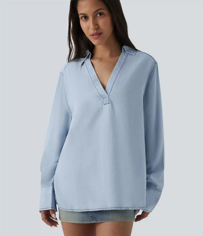 V Neck Long Sleeve Denim Casual Blouse