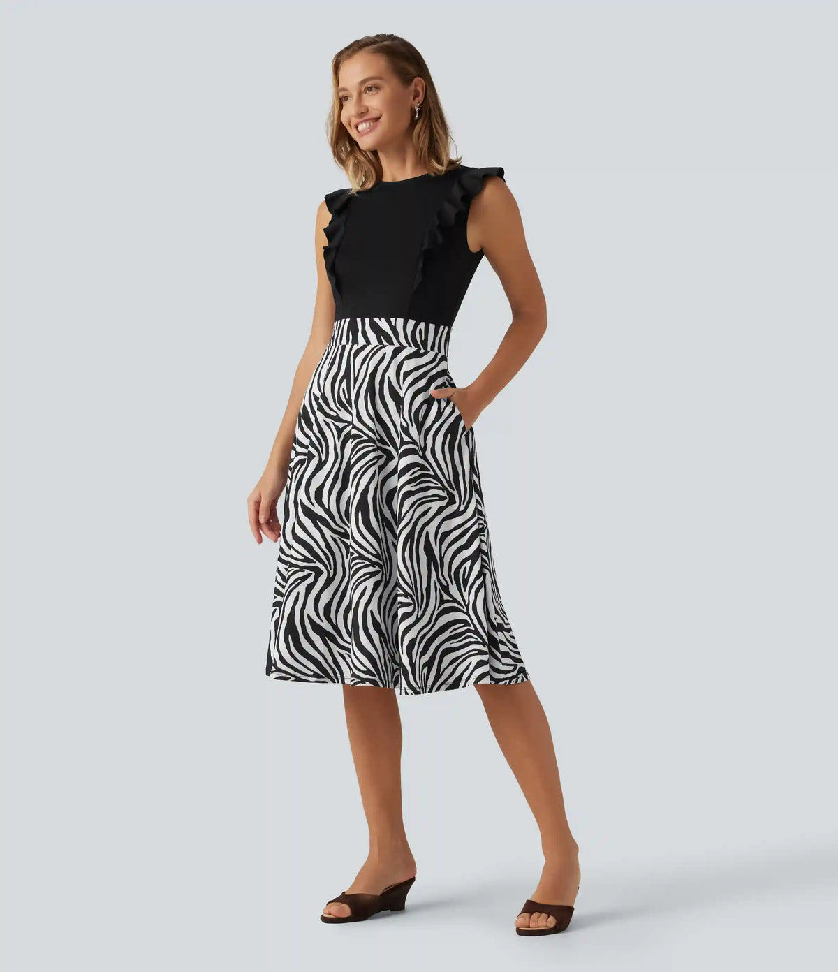 Round Neck Ruffle Sleeveless A-Line Color Block Midi Party Dress with Pockets