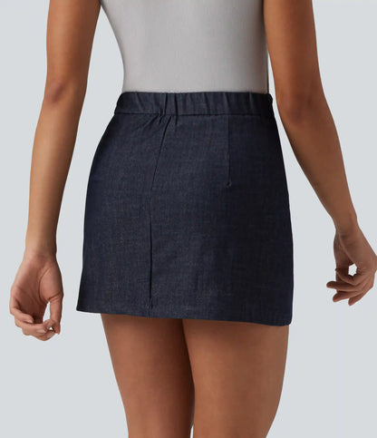 High Waisted Invisible Zipper 2-in-1 Denim Like Bodycon Mini Casual Skirt with Pockets