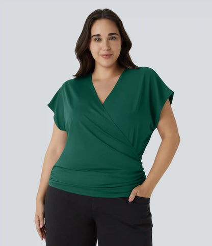 V Neck Cap Sleeve Crossover Ruched Solid Work Plus Size Blouse