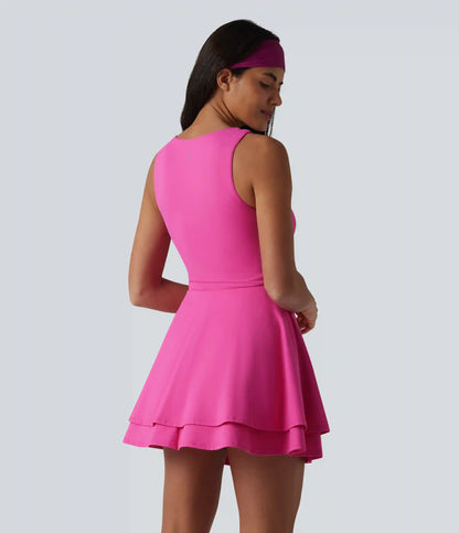 SoftlyZero™ Airy Square Neck Built-in Bra Sleeveless 2-in-1 Layered InstantCool Mini Yoga Active Dress with Pockets-Easy Peezy Edition