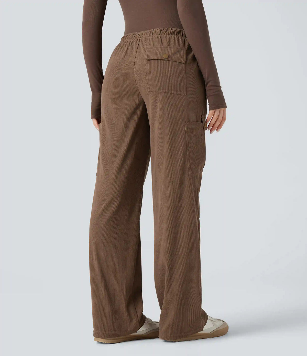 Mid Rise Drawstring Corduroy Casual Straight Leg Cargo Pants with Pockets