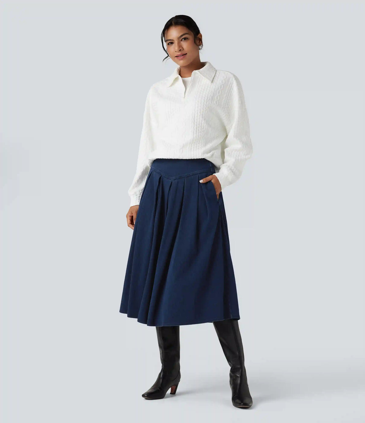 Halara Flex™ High Waisted Tummy Control Pleated Midi Casual Denim Skirt with Pockets