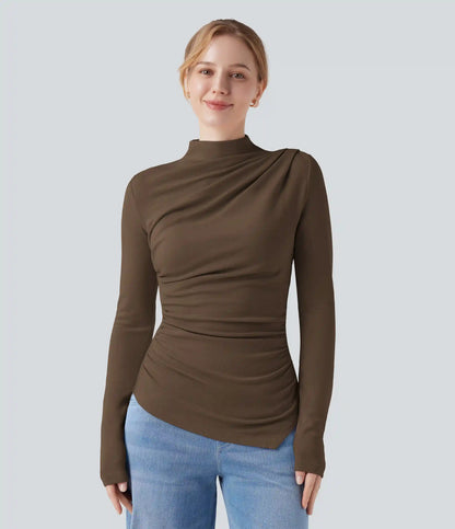 Mock-neck Long Sleeve Ruched Asymmetric Hem Thermal Casual Top