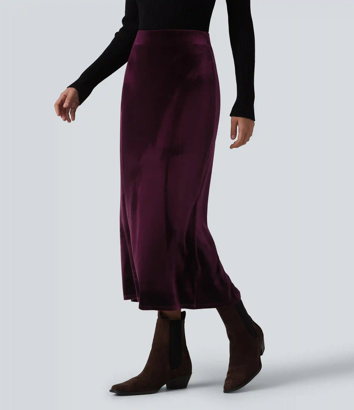 High Waisted Velvet Midi Work Skirt