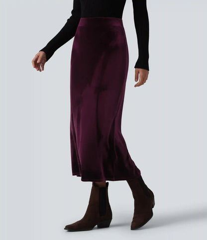 High Waisted Velvet Midi Work Skirt