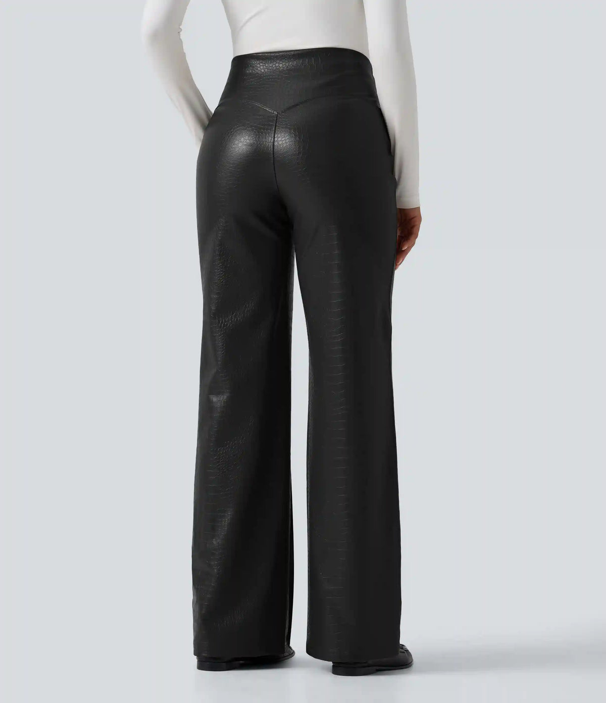 High Waisted Tummy Control Snakeskin Print Stretchy PU Fleece Flare Casual Pants with Pockets