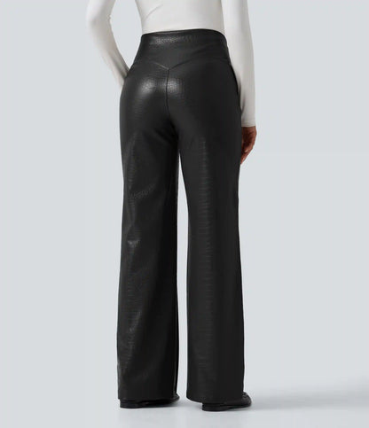 High Waisted Tummy Control Snakeskin Print Stretchy PU Fleece Flare Casual Pants with Pockets