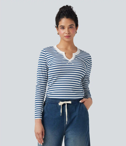 Notched Long Sleeve Stripe Casual Top