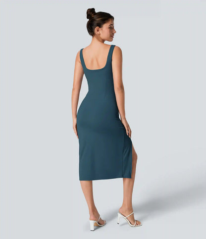 SoftlyZero™ Airy Square Neck Backless Corset Ruched Split Bodycon Midi InstantCool Bridesmaid and Wedding Guest Dress