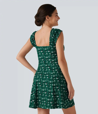 U-Neck Sleeveless Frill Ditsy Floral Built-in Bra Mini A-Line Resort Dress