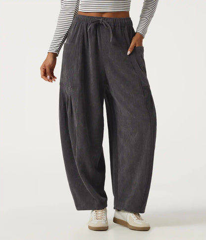 High Waisted Drawstring Corduroy Casual Pants with Pockets