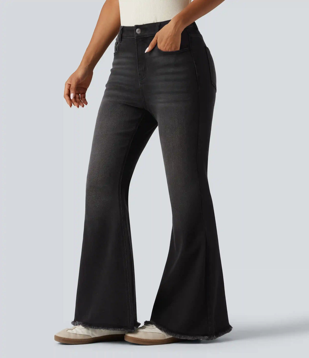 High Waisted Bootcut Raw Hem Casual Jeans with Pockets