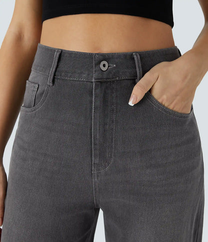 Halara Flex™ High Waisted Pockets Rolled Hem Wide Leg Washed Casual Jeans
