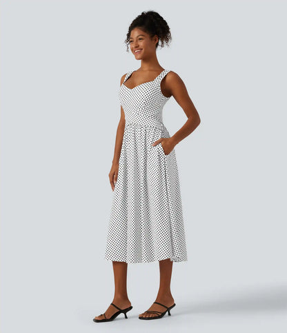 Sleeveless Backless Crossover Built-in Bra Polka Dot Midi Casual Flowy Dress with Pockets DD-F Cups