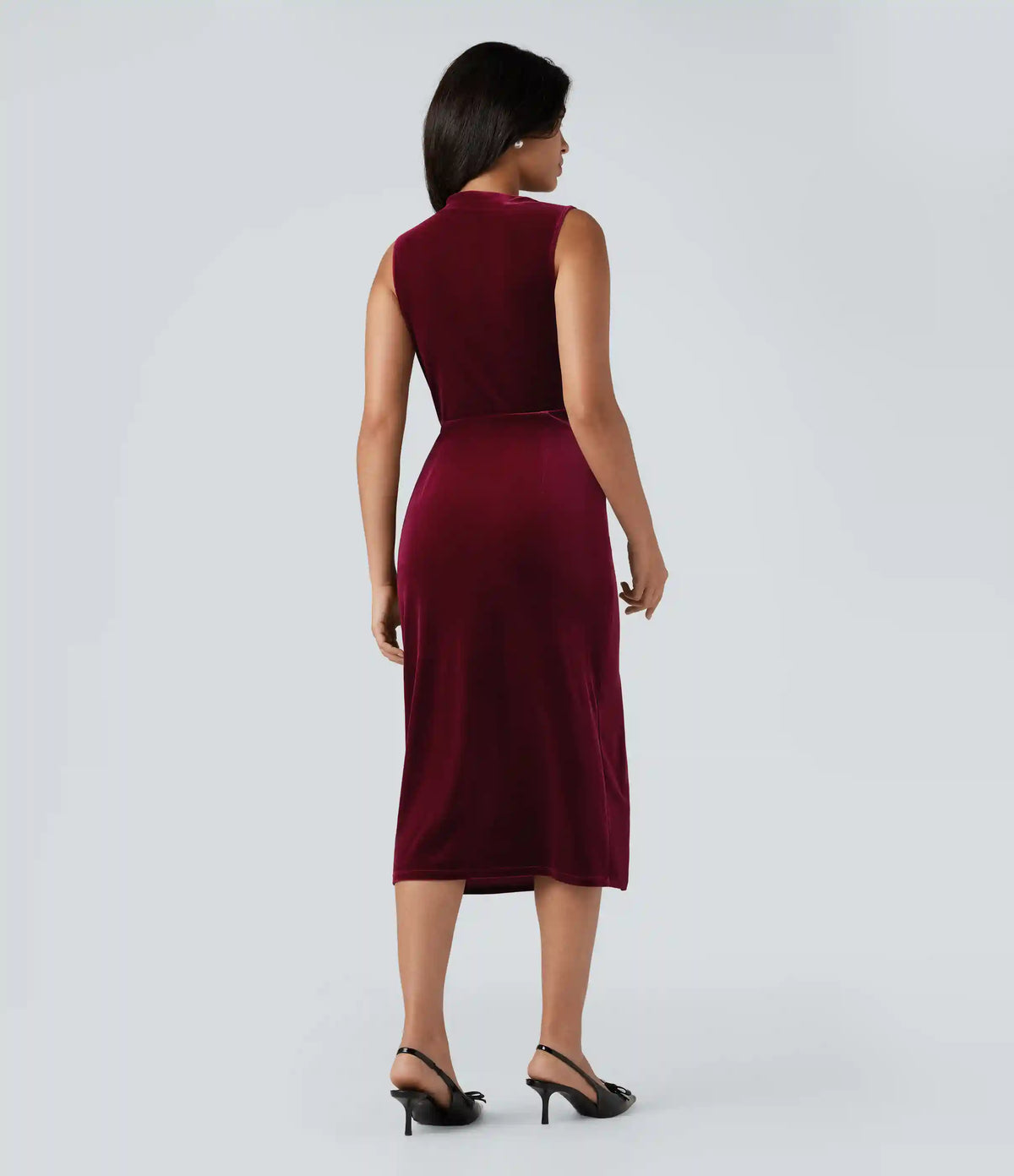 Cowl Neck Sleeveless Split Ruched Bodycon Midi Velvet Dress