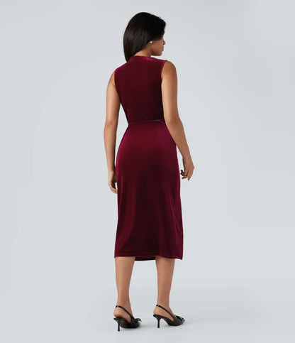 Cowl Neck Sleeveless Split Ruched Bodycon Midi Velvet Dress